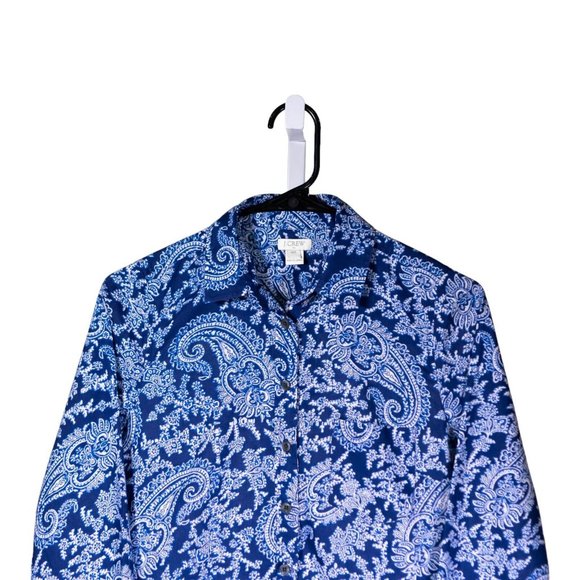 J. Crew Women's Blouse Blue White Paisley Half Button Long Sleeve Shirt Top XXS - Picture 4 of 8